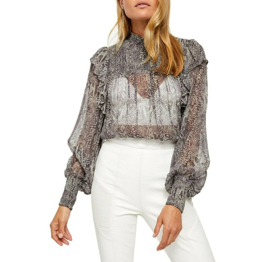 New Free People Medium Roma Blouse Top Shirt Snake Skin Animal Print Sheer NWOT